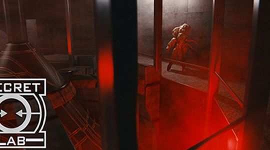 A dimly lit, red-tinted lab with a creature in the background. "Secret Lab" logo is visible in the foreground.