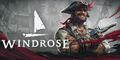 A rugged pirate captain with a tricorn hat and red scarf, arms crossed, before stormy seas and sailing ships; Windrose logo on the left.