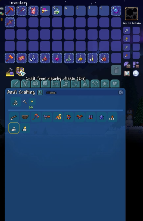 Terraria inventory screen showing Anvil crafting menu with reforging and item crafting options visible.