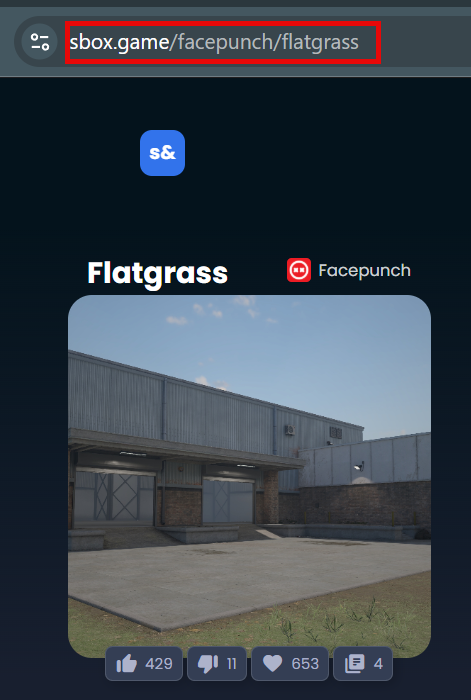 Flatgrass map on sbox.game/facepunch; shows a warehouse exterior under a blue sky on a rounded dark gradient card.