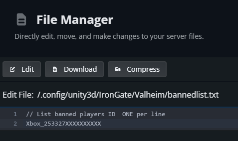 The Nodecraft File Manager editor showing bannedlist.txt with a banned player’s Platform User ID entered on its own line.