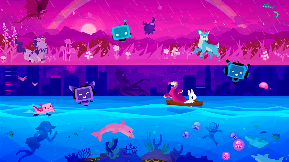 The bi pride flag, made of slices of scenic images and game characters!