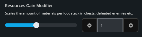 Enshrouded Resources Gain Modifier setting showing the multiplier for materials received from loot stacks, chests, defeated enemies, and other resource sources.
