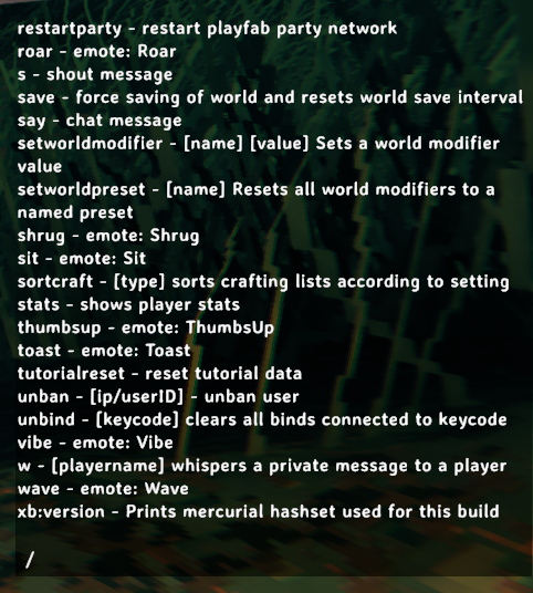 The Valheim in-game console showing the command help list with available player commands, including unban, unbind, wave, and w.