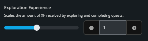 Enshrouded Exploration Experience setting showing the XP multiplier for experience earned by exploring and completing quests.