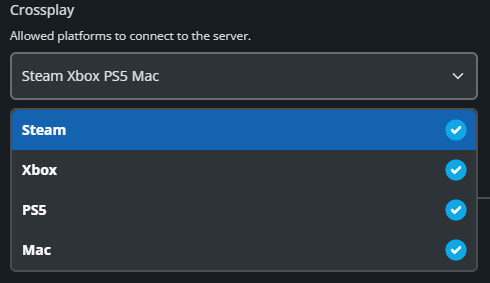 Crossplay platform selection menu in Palworld server settings showing supported platforms including Steam, Xbox, PlayStation 5, and Mac.