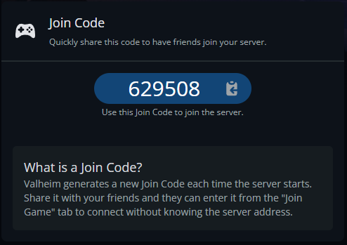 The Valheim server dashboard showing the generated Join Code that players can use to connect to the server.