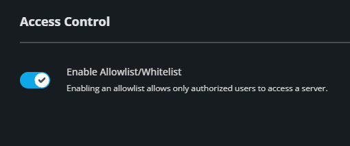 The Access Control section within the Nodecraft server panel, showing a toggle switch turned on to Enable Allowlist/Whitelist for an SCP: Secret Laboratory server.