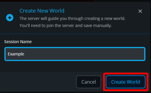 Create New World popup with a session name field and the Create World button highlighted.