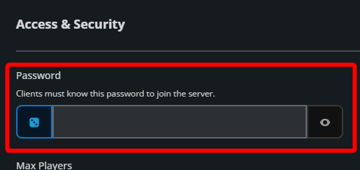 The Project Zomboid Server Settings page showing the Password field highlighted under the Access & Security section.