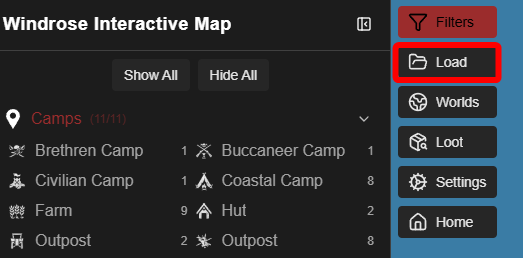 Windrose Interactive Map tool with the Load button highlighted in the side menu.