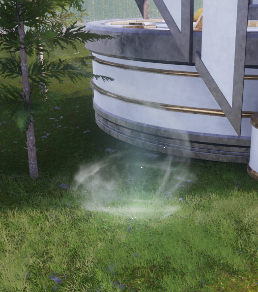 A wind updraft located at the base of a Fast Travel Watchtower in Palworld, allowing players to launch upward with a glider for quick access to the top platform.