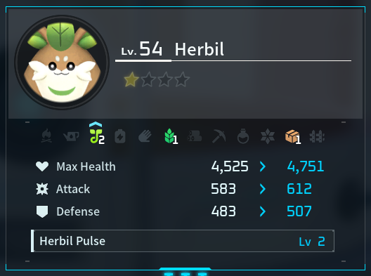 The condensation results preview displaying a Herbil's increased Max Health, Attack, Defense, Partner Skill level, and upgraded Work Suitability before confirming the enhancement.