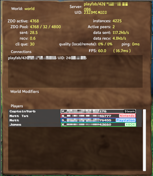 List of player IDs in a Valheim server, showing each console's player id