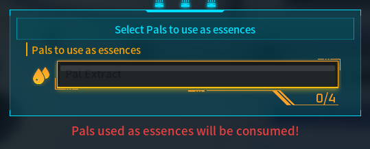 The Pal Essence Condenser interface prompting the player to select duplicate Pals to use as essences. Duplicate Pals are consumed during the condensation process to increase a Pal's rank.