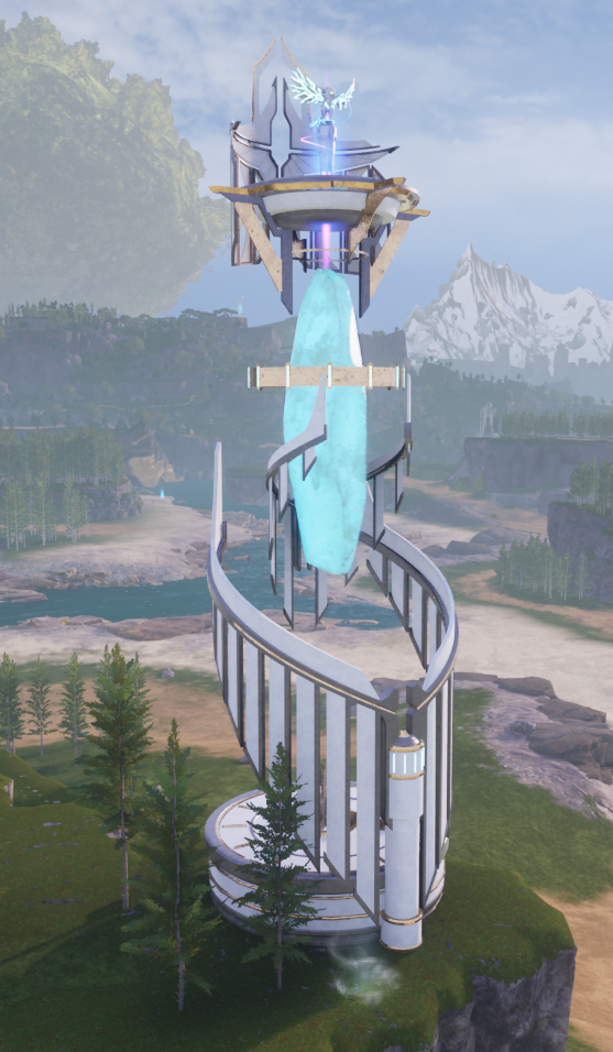 A complete Fast Travel Watchtower in Palworld standing atop a cliff, with its spiral support structure and glowing blue crystal visible after activation.