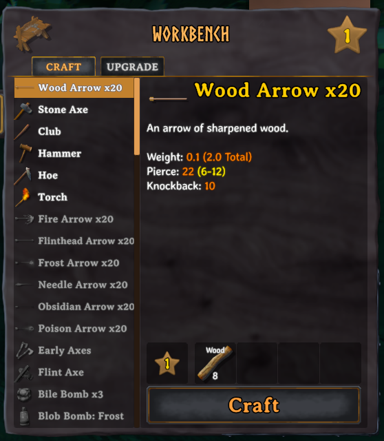 The Valheim Workbench crafting menu showing multiple unlocked crafting recipes, including weapons, tools, and arrows.