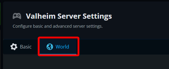 The Valheim Server Settings page in the Nodecraft panel with the World tab highlighted next to the Basic tab.