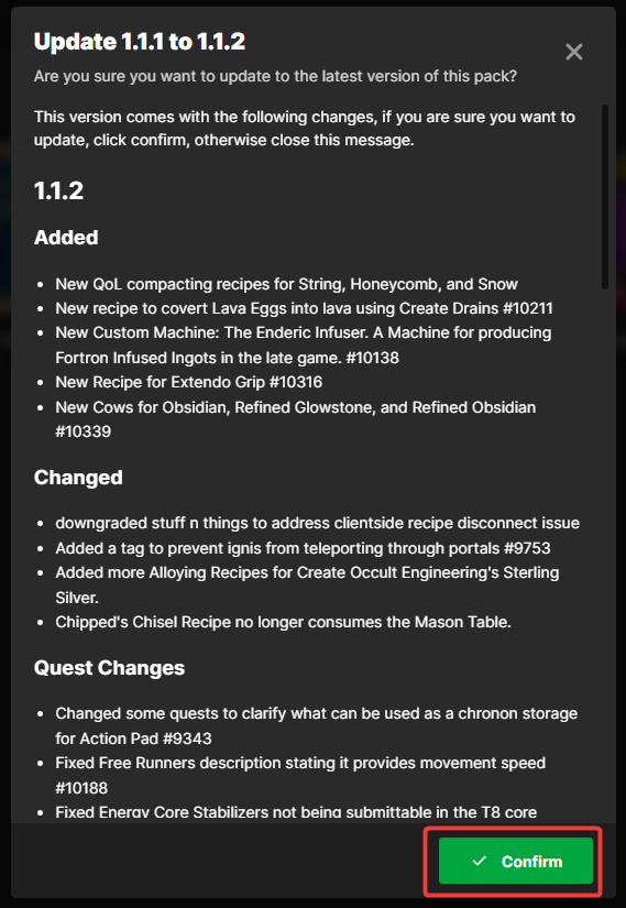 A screenshot of the confirmation button on an update page for a Minecraft modpack.