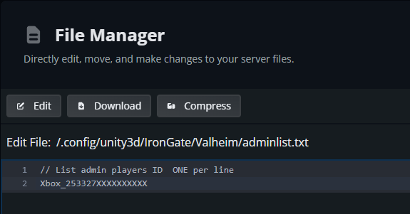 Dark file manager interface editing /config/unity3d/IronGate/Valheim/adminlist.txt, showing a comment and an Xbox ID.