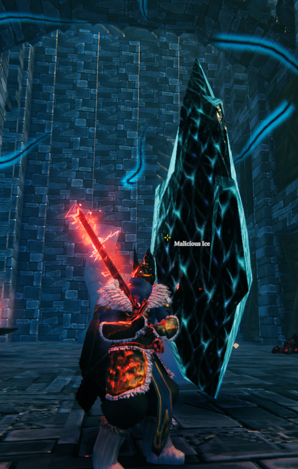 A player standing beside the Malicious Ice formation inside Mörkhalla in Valheim.
