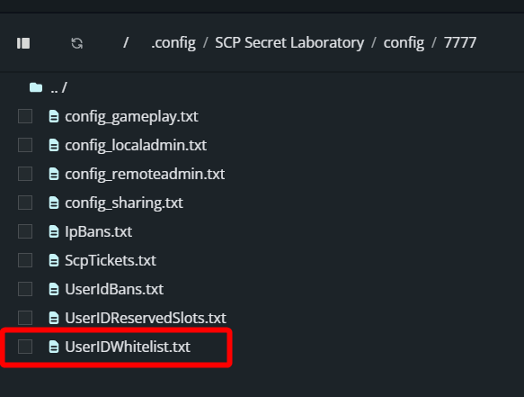 The Nodecraft File Manager displaying a list of server configuration files, with a red box highlighting the selection checkbox next to UserIDWhitelist.txt under the config directory path.