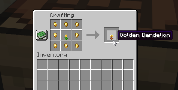 A Minecraft crafting table showing the Golden Dandelion recipe, with a regular dandelion placed in the center and eight gold nuggets surrounding it to create one Golden Dandelion.