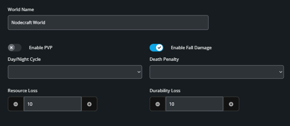 World settings: name 'Nodecraft World', Fall Damage ON, PVP OFF, Day/Night Cycle & Death Penalty dropdowns, Resource Loss 10, Durability Loss 10 (+/-).