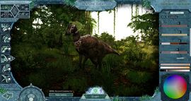 The character creation screen in Beasts of Bermuda, showing a Parasaurolophus being customized with different skin patterns and colors in a lush jungle setting.