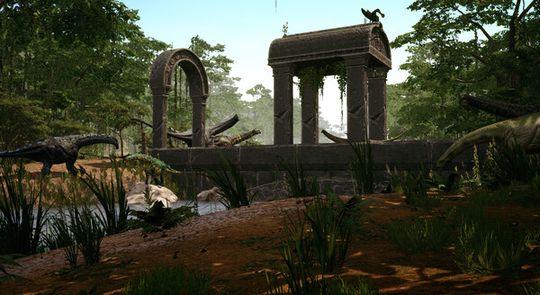 A dark-colored dinosaur stands near ancient, vine-covered stone ruins in a lush, prehistoric jungle environment.