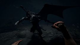 A first-person view in Lost Isle showing a player facing off against a massive black dragon with glowing eyes in a dark, rocky environment.