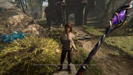 A character in Lost Isle standing before ancient stone ruins, holding a glowing purple magic staff in the foreground of a lush green landscape.