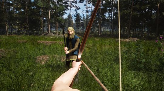 First-person view of a bow aimed at a person standing in a lush forest, surrounded by tall trees and greenery under a clear sky.
