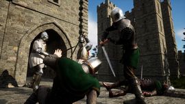 Medieval knights in armor engage in a sword fight near a stone castle, with one knight on the ground and another standing over him.