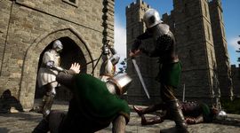 Medieval knights in armor engage in a sword fight near a stone castle, with one knight on the ground and another standing over him.
