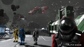Four space engineers in different colored suits (yellow, white, blue and red) stand on a metallic landing platform next to a large industrial spacecraft at an asteroid base in Space Engineers.
