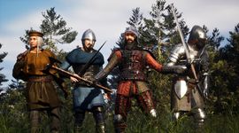 Four medieval warriors in armor and helmets stand in a forest, each holding different weapons, under a clear sky.