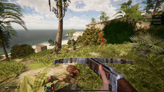 A first-person perspective in Lost Isle showing a player aiming a wooden shotgun at a target in a lush tropical environment with palm trees and a nearby shoreline.