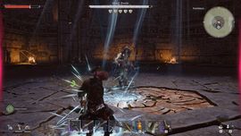 A player character in Windrose performing a powerful attack with blue glowing ground effects while fighting an enemy in a dark, stone-walled ruin.
