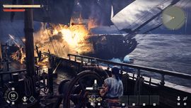 Third-person gameplay in Windrose showing a player character on the deck of a wooden ship during a naval battle with explosions and cannon fire.