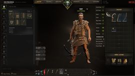 A gameplay screenshot of the Lost Isle character menu, showing a male avatar in primitive leather armor alongside detailed inventory slots, attribute points, and equipment stats.