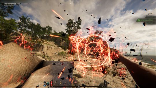 A first-person perspective in Lost Isle showing a player character casting a powerful orange fire spell with magical runes appearing in the air.