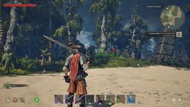 A character in Windrose engaging in third-person melee combat with a glowing blue sword against a wooden structure in a lush jungle environment.