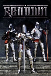 Three armored knights stand on stone steps, each holding weapons. The word "Renown" is displayed above them in medieval-style lettering.