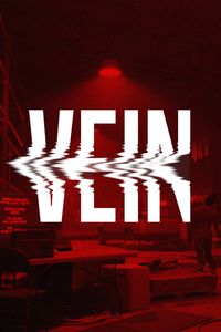 Red-tinted scene with the word "VEIN" in bold, distorted white letters, set in an industrial environment with shelves and scattered objects.