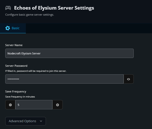 The Basic Server Settings section of an Echoes of Elysium server hosted by Nodecraft.