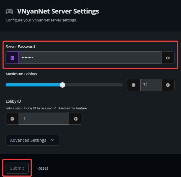 VNyanNet Server Settings: obscured 'Server Password', 'Maximum Lobbys' slider at 32, 'Lobby ID' -1, Advanced Settings and Submit button.