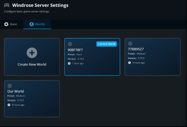 Worlds tab for a Windrose server in the Nodecraft panel showing multiple saved worlds.