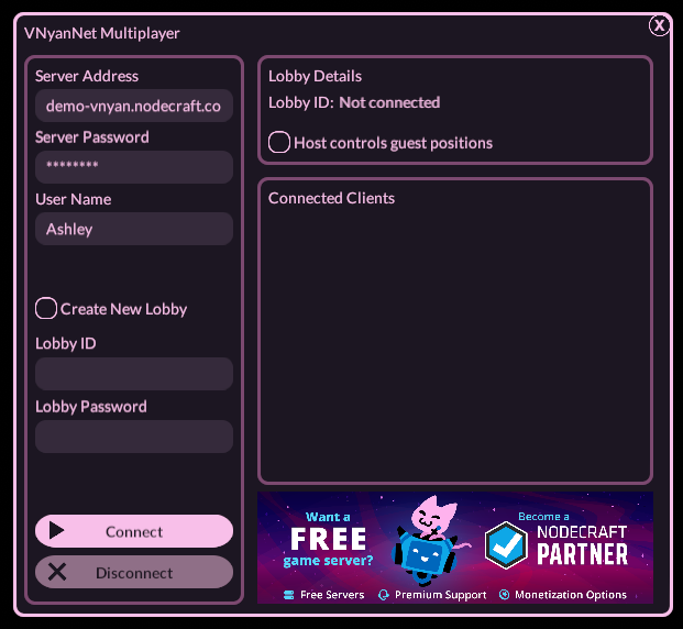 VNyanNet multiplayer UI: server address, masked password, username 'Ashley', lobby options, Connect/Disconnect buttons, empty connected clients panel.