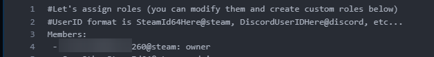 Close-up of the config_remoteadmin.txt file in the Nodecraft code editor, showing a SteamID64 formatted with 